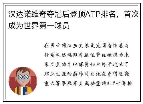 汉达诺维奇夺冠后登顶ATP排名，首次成为世界第一球员